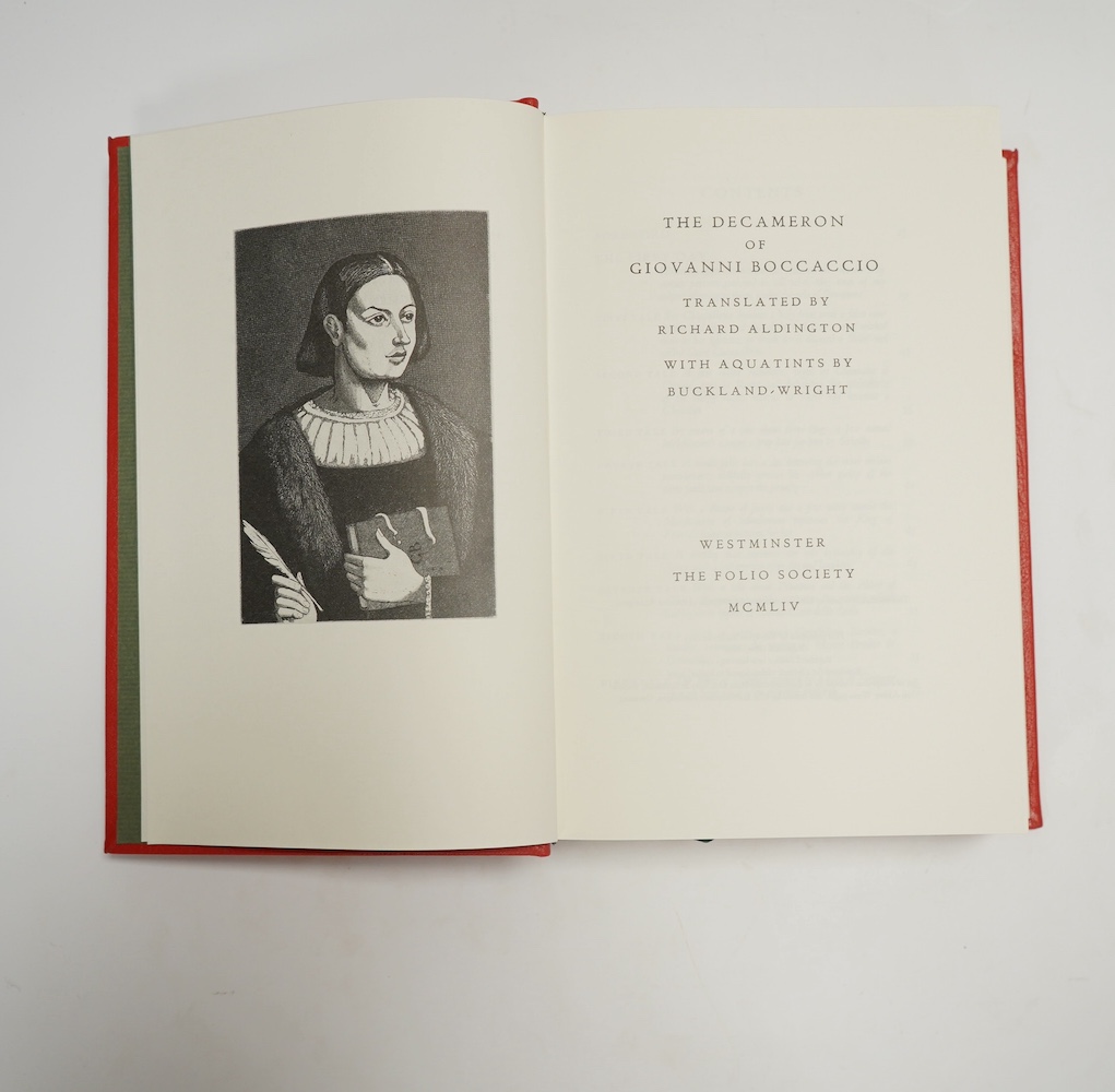 Folio Society - Boccaccio, Giovanni - The Decameron, one of 1750 specially bound, black and white illustrations, original decorative goat by Real Lachenmaier, with The Happy Art of Narration, original wrappers, together